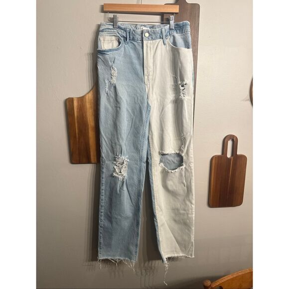 Good American Blue White Colorblock Denim Ripped Knee Straight Mom Jeans Size 6 - Picture 1 of 5